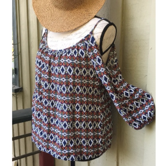 ONE LOVE CLOTHING Blue Tribal Patterned Off Shoulder Longsleeve Boho Top - Picture 1 of 7